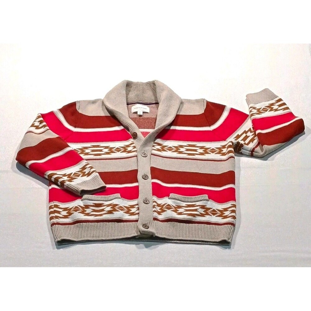 Sun + Stone Mens XL Cotton Cardigan Sweater Shawl Collar Geometric Aztec Red